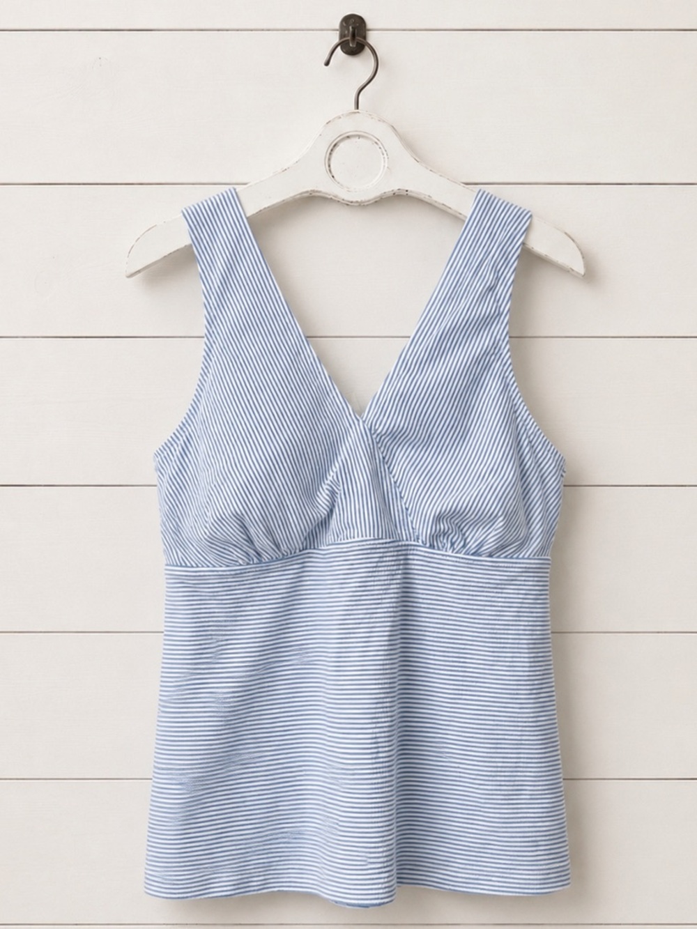 Lands' End Blue and White Seersucker Striped V-Neck Tankini Top